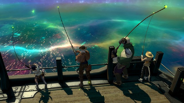 A group of characters fishing on a boat