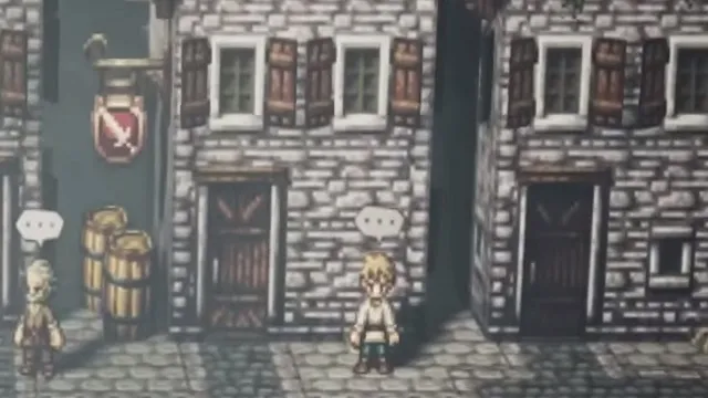 A blond boy wearing a tan tunic stands outside of a shop that has a sword sign above its door