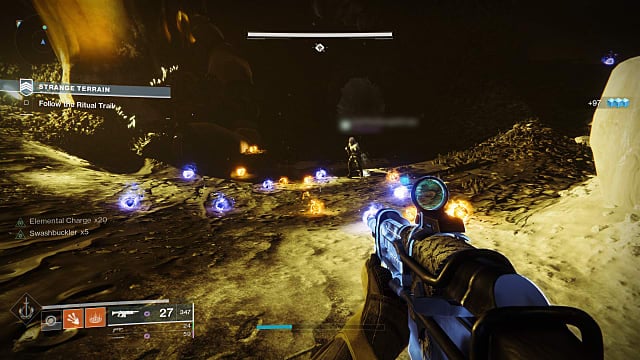 Player holding Gnawing Hunger assault rifle, looking at blue and red orbs on Mars near piles of bones.