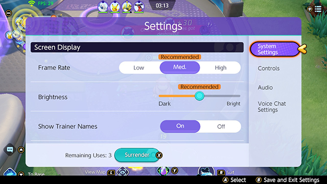 the Pokemon Unite surrender option in the main options menu.