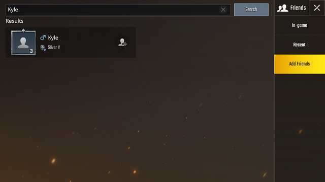 PUBG Mobile add friends lobby highlighting how to search for friends