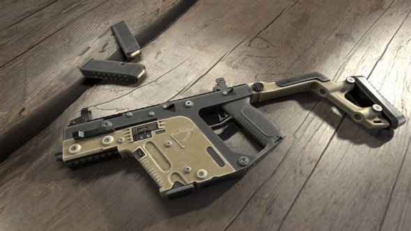 A PUBG submachine gun lies on wooden boards