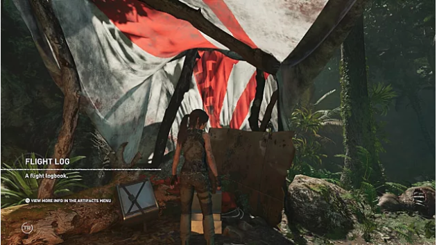 Lara finds the first relic under an open red and white parachute near basecamp