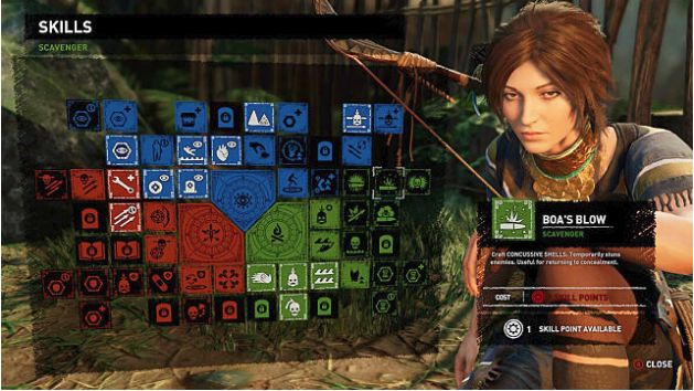 Skill tree showing Boa's Blow; Lara to right in blue heron tunic