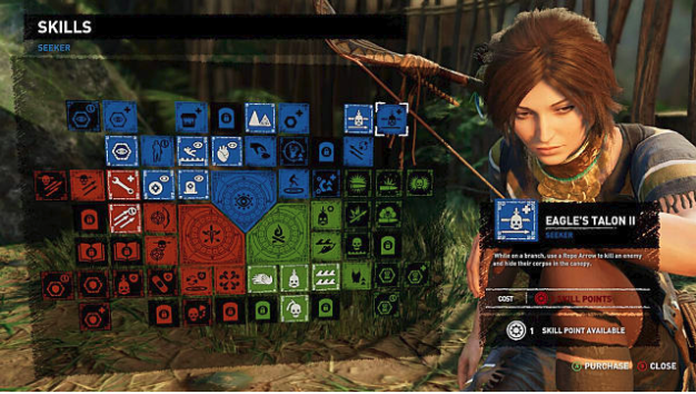 Skill tree showing Eagle's Talon II; Lara to right in blue heron tunic