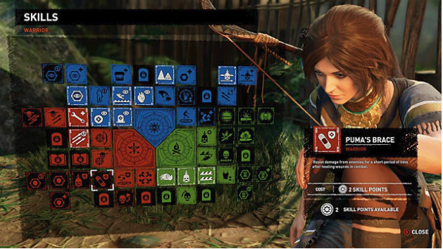 Skill tree showing Puma's Brace; Lara to right with bow