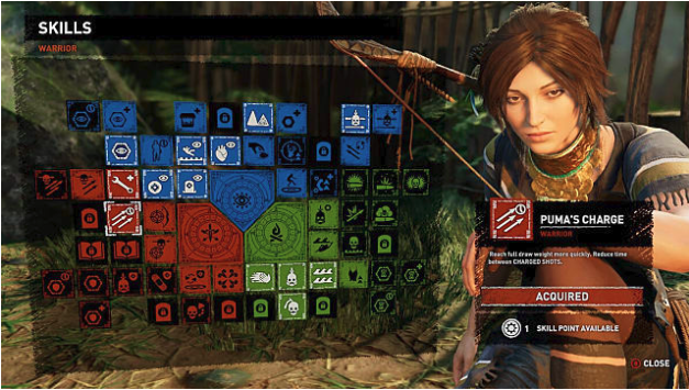 Skill tree showing Puma's Charge; Lara to right