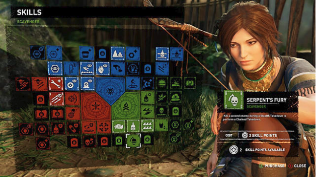 Skill Tree Showing Serpent's Fury, Lara to Right with bow