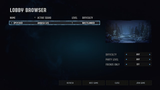 The co op lobby menu, showing player names, squad names, level, difficulty, and party level.