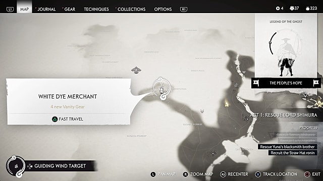 A black and white map showing the location of the white dye merchant in Wanderer's Pass. 